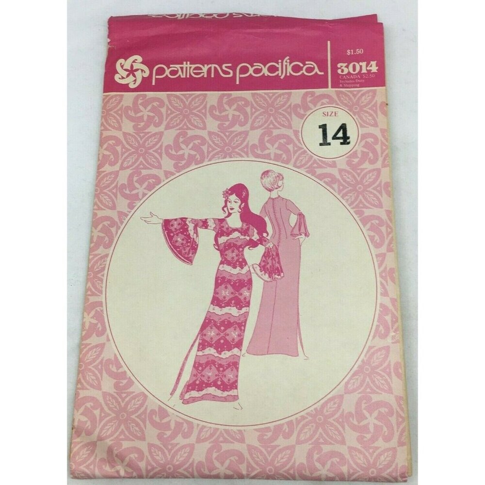 Vintage Patterns Pacifica 3014 Bell Sleeve Long Dress Hawaiian Textile Womens 14